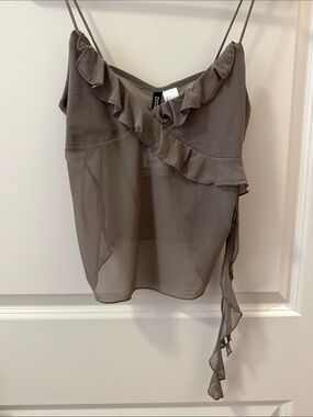 H&M Ruffled Spaghetti-Strap Chiffon Cami - Taupe Gray